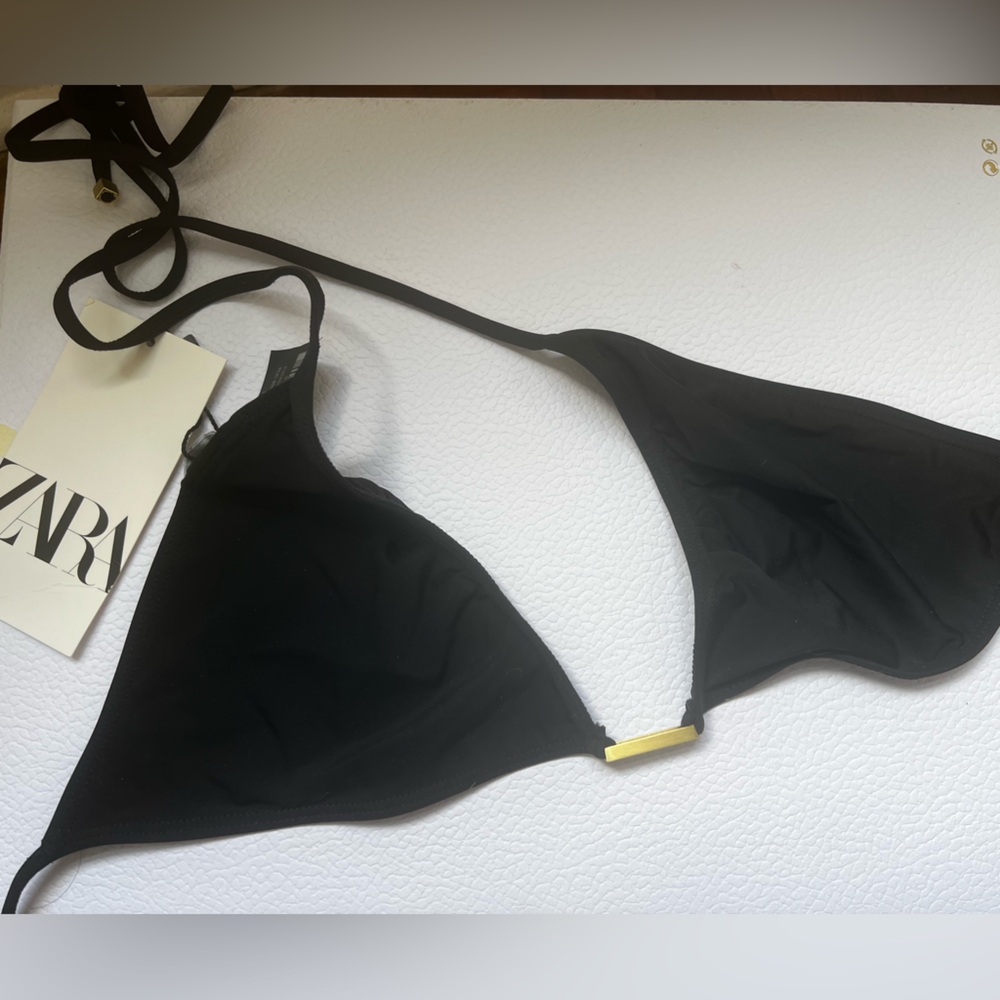 NWT ZARA GOLD METAL TRIM Black Triangle STRING  ADJUSTABLE TIES Bikini Top
